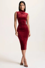 Nivina | Red Velvet High-Neck Midi Dress With Cap-Sleeves