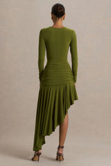 Alexia | Green Asymmetric-Neck Maxi Dress With Embellishment And Ruched Detailing