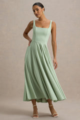 Parina | Light Green Strappy Volume-Hem Midi Dress