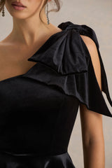 Keeley | Black Asymmetric-Neck Velvet Mini Dress With Bow Detail