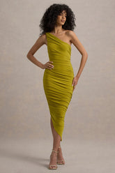 Dorit | Green One Shoulder Asymmetric Ruched Midi Dress