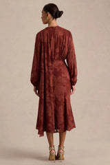 Sabina | Rust Devore Plunge-Neck Midi Dress