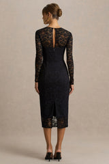 Alissa | Black Lace Square-Neck Midi Dress