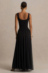 Amelia | Black Scoop-Neck Maxi Dress With Drop Waist And Pleating