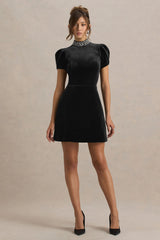Margot | Black High-Neck Velvet Mini Dress With Embellished Detail