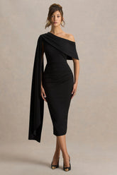 Leah | Black Asymmetric-Neck Midi Dress With Cape-Sleeve And Draped Detailing