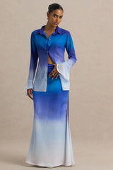 Serita | Blue Ombre Satin Split Maxi Skirt