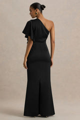 Unforgettable | Black Asymmetric-Neck Maxi Dress With Ruched Detailing
