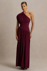 Kelsey | Burgundy Asymmetric-Neck Maxi Dress With Ruched Detailing