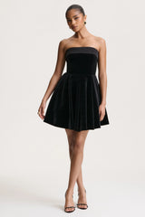 Mina | Black Velvet And Satin Bandeau Skater Mini Dress