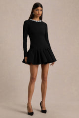 My Wish | Black Embellished High-Neck Mini Dress With Drop-Waist