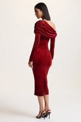 Eirene | Red Velvet Asymmetric-Neck Midi Dress