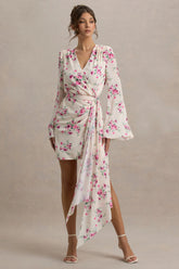 Goldie | Cream Floral Print Chiffon Long-Sleeve Wrap Mini Dress