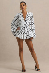 Laurel | White Polka Dot V-Neck Balloon Sleeve Playsuit