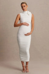 Shellie | White High-Neck Maternity Midi Dress With Corsage Detail
