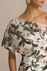 Iony | White And Green Sequin Floral And Mesh Asymmetric-Neck Maxi Dress