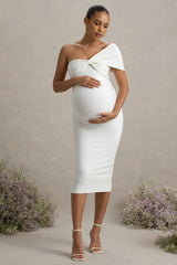 Admired | White Ruched One-Shoulder Maternity Midi Dress