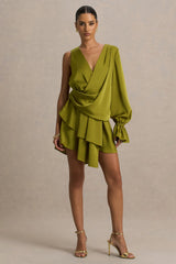 Cara | Olive Satin Plunge-Neck Micro-Mini Dress With Long Sleeve