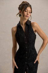 Bronwyn | Black Lace Plunge-Neck Buttoned Mini Dress