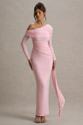 Valina | Pink Ruched Asymmetric Maxi Dress With Drape