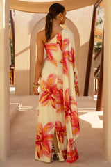 Portia | Lemon Lily Print Asymmetric Maxi Dress With Ruched Detail