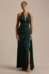 Talula | Dark Green Extreme Plunge-Neck Maxi Dress With Sash And Front-High Split