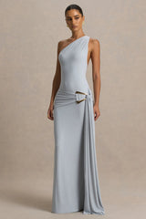 Bonnie | Blue Asymmetric-Neck Maxi Dress With Ruched-Detailing
