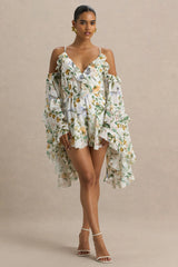 Anaya | White Botanical Print Chiffon Playsuit With Long Sleeves