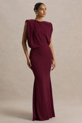 Meave | Burgundy High Neck Maxi Dress With Draping Detail