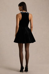 Meva | Black Velvet Hand-Embellished High-Neck Mini Dress