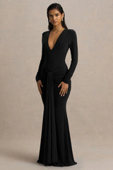 Saffie | Black Extreme-Plunge Wrap Maxi Dress With Long-Sleeves And Ruched Detailing
