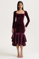 Emberlyn | Burgundy Velvet Scoop-Neck Fishtail Midi Dress