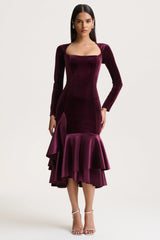 Emberlyn | Burgundy Velvet Scoop-Neck Fishtail Midi Dress