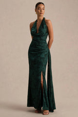Talula | Dark Green Extreme Cowl-Neck Maxi Dress With Sash And Front-High Split