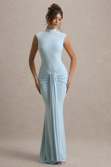 Graziana | Powder Blue High-Neck Gathered Draped Maxi Dress