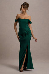 Kimberly | Bottle Green Bardot Satin Maxi Dress