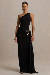 Bonnie | Black Asymmetric-Neck Maxi Dress With Ruched-Detailing