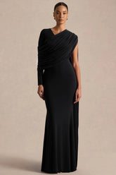 Rubelle | Black Asymmetric-Neck Maxi Dress With Draped-Detailing