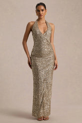 Gio | Champagne Sequin Plunge-Neck Wrap Maxi Dress With Ruched Detailing