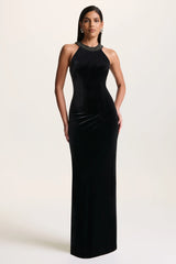 Darya | Black Velvet Embellished High-Neck Maxi Dress