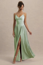 Jonas | Light Green Plunge-Neck Maxi Dress With Cami Straps