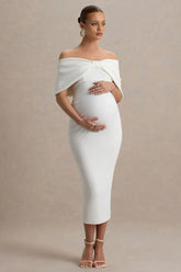 Droplet | White Bow Bardot Maternity Midi Dress
