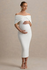 Droplet | White Bow Bardot Maternity Midi Dress