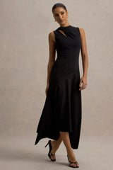 Francesca | Black Knotted Midi Dress With Handkerchief Hem