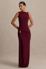 Decadence | Burgundy High-Neck Wrapped Maxi Dress With Twist-Sleeve