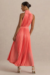 Tulip | Coral Pleated High-Neck Midi Dress