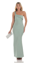 Satin One Shoulder Tassel Maxi Dress in Sage