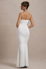 Rumi | White Satin Strappy Maxi Dress With Velvet Bow