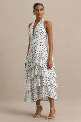 Violet | White Polka Dot Midi Dress With Halter-Neck and Ruffled Skirt