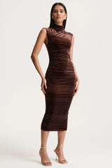 Novine | Brown Velvet High-Neck Midi Dress